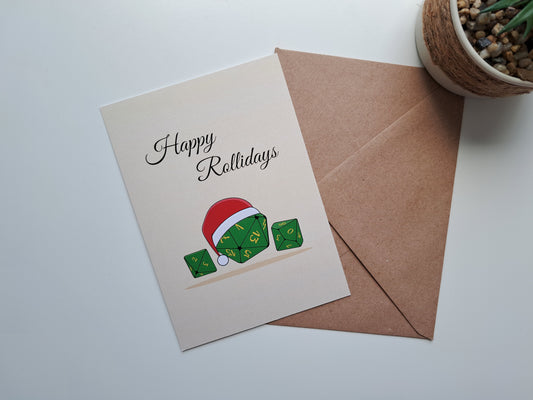 Christmas greeting card with different dice drawn and the text: Happy Rollidays
