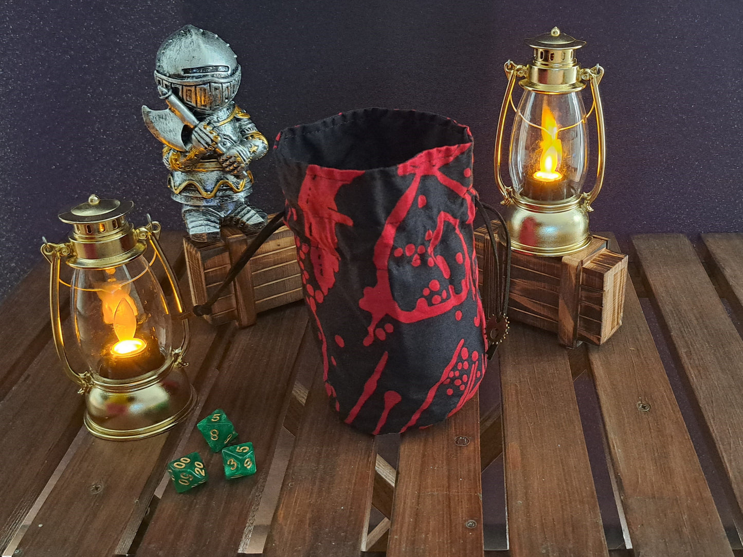 Handmade dice bag out of batic black red pattern