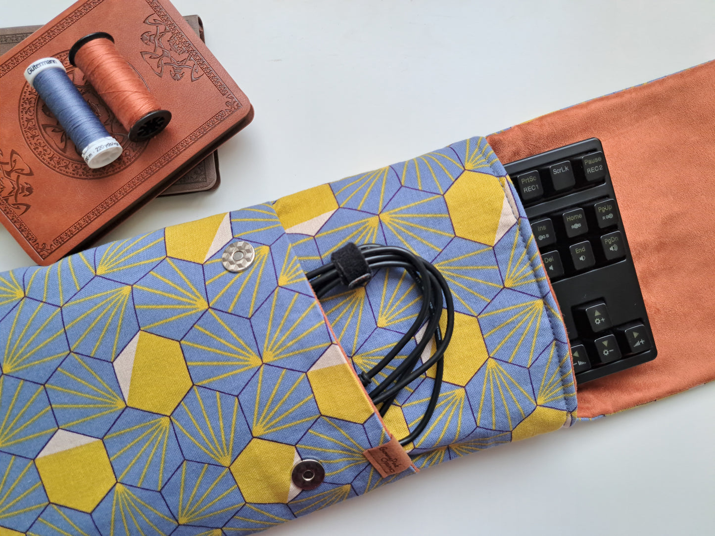Handmade TKL Mechanical Keyboard Sleeve - Blue & Yellow Hexagons Padded Canvas GummyPinkGraphics