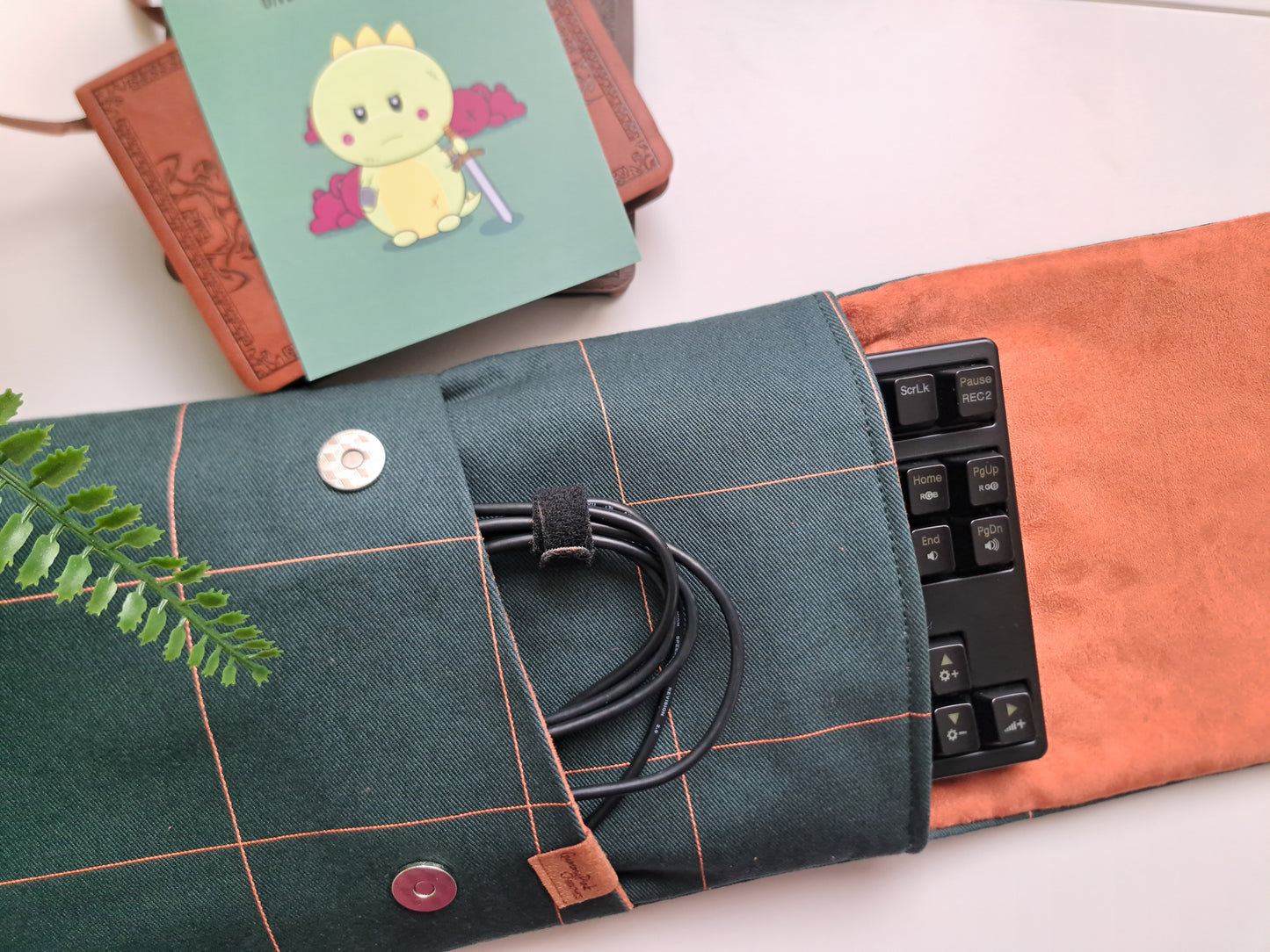 Handmade TKL Mechanical Keyboard Sleeve - Dark Green Squares Padded Canvas GummyPinkGraphics