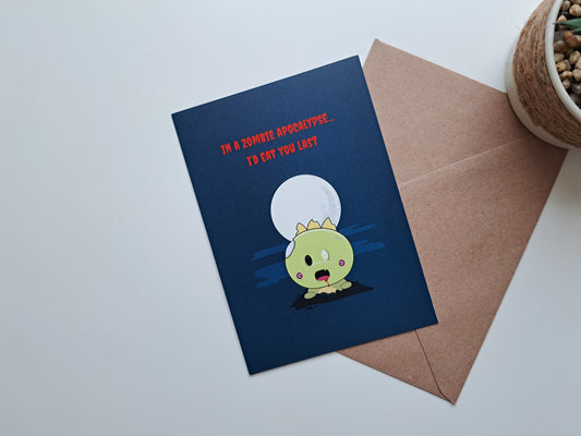 Valentine's day greeting card with Zombie dinosaur saying that he will eat you last 