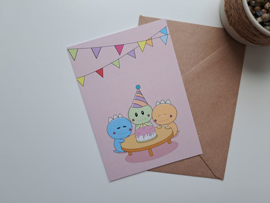 Birthday greeting card with Dinosaurs on a party