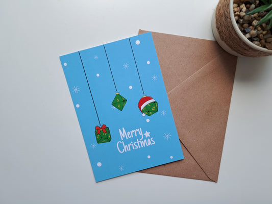 Christmas greeting card with Dice decoration on blue background