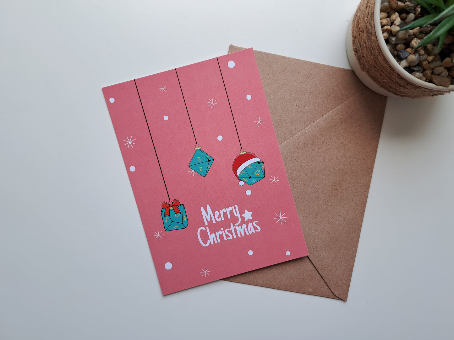 Christmas greeting card with Dice decoration on red background