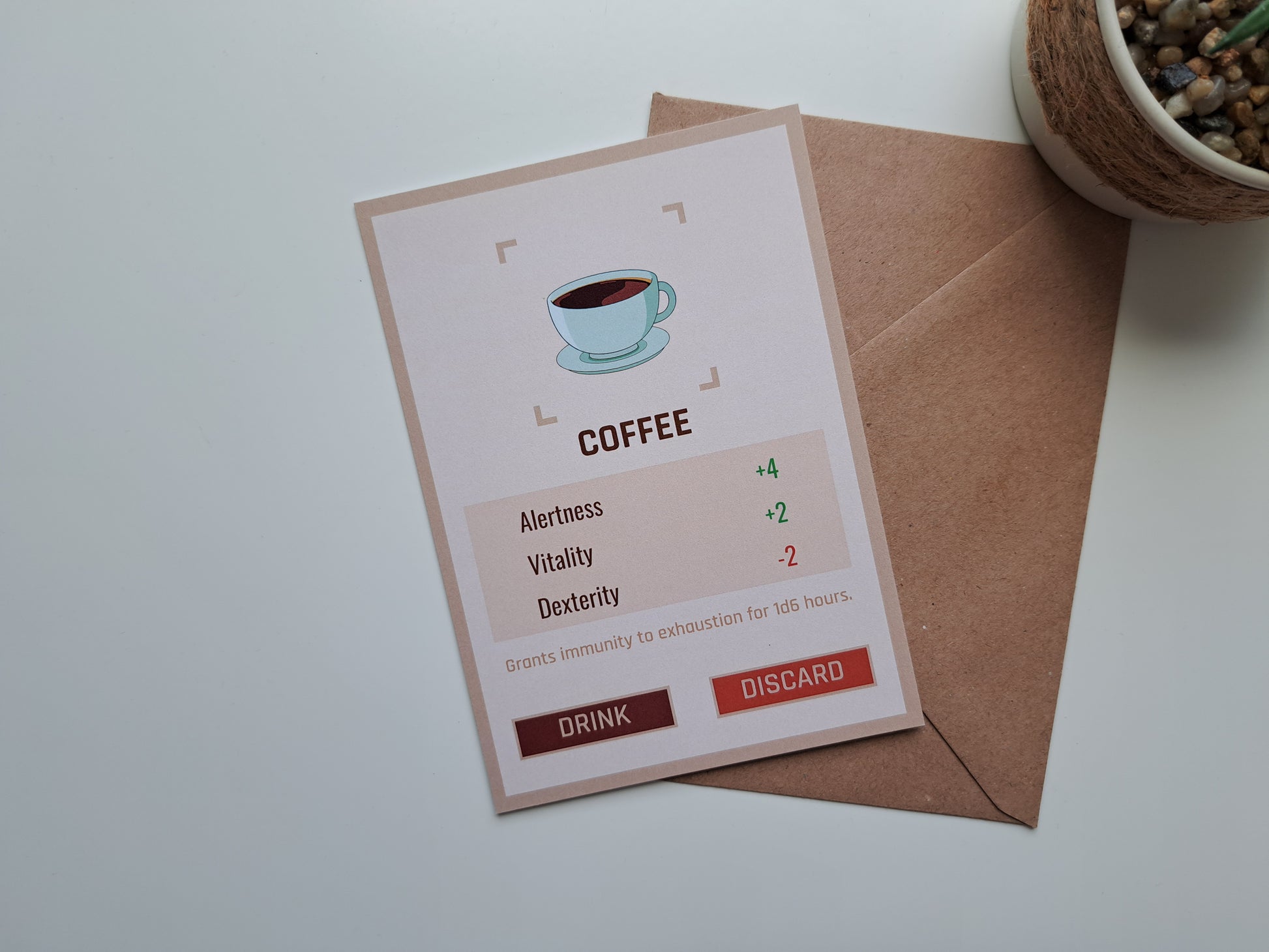 Gaming greeting card with Coffee statistics 
