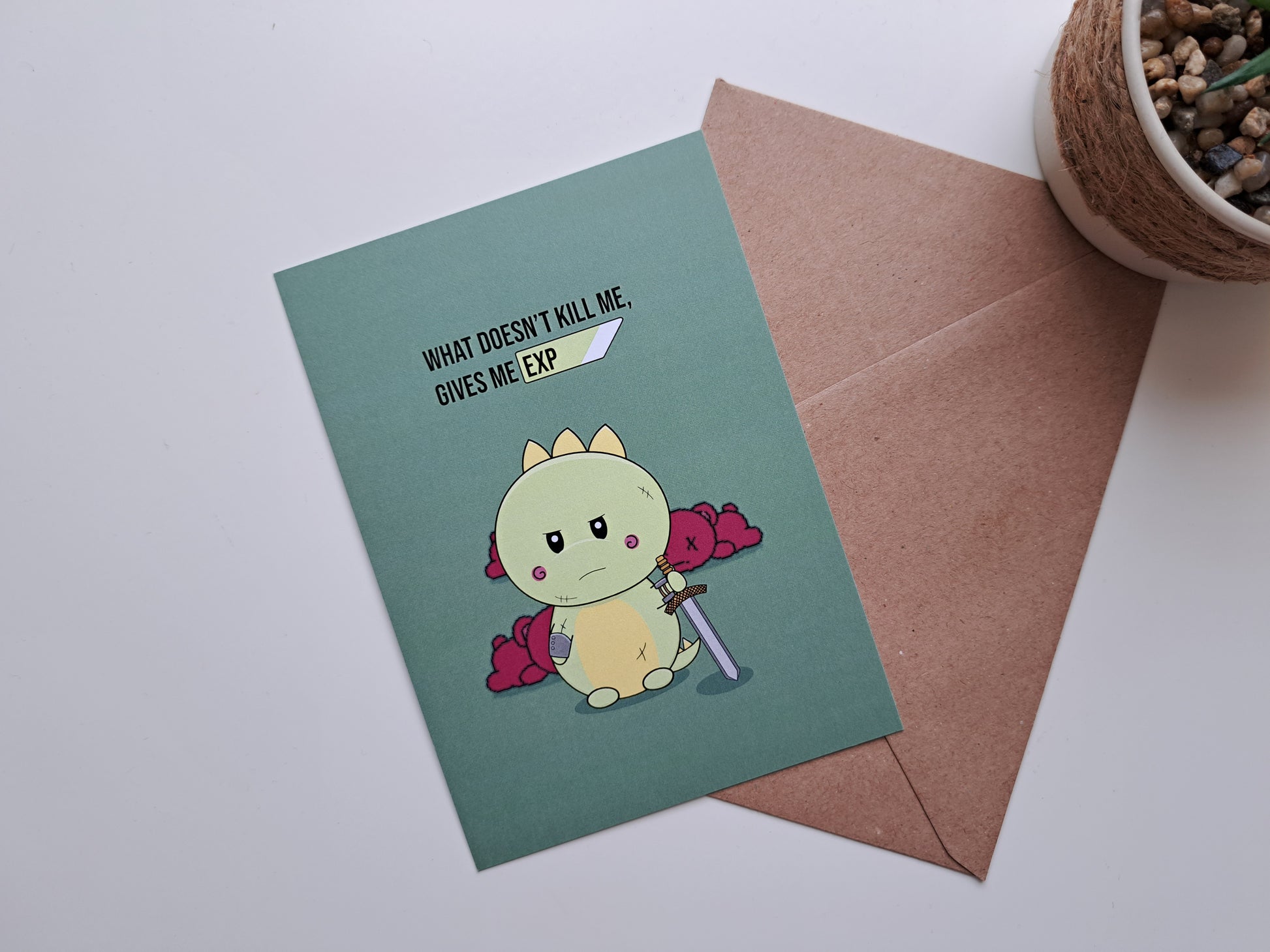 Gaming greeting card with Dinosaur tired of battle after killing some boars