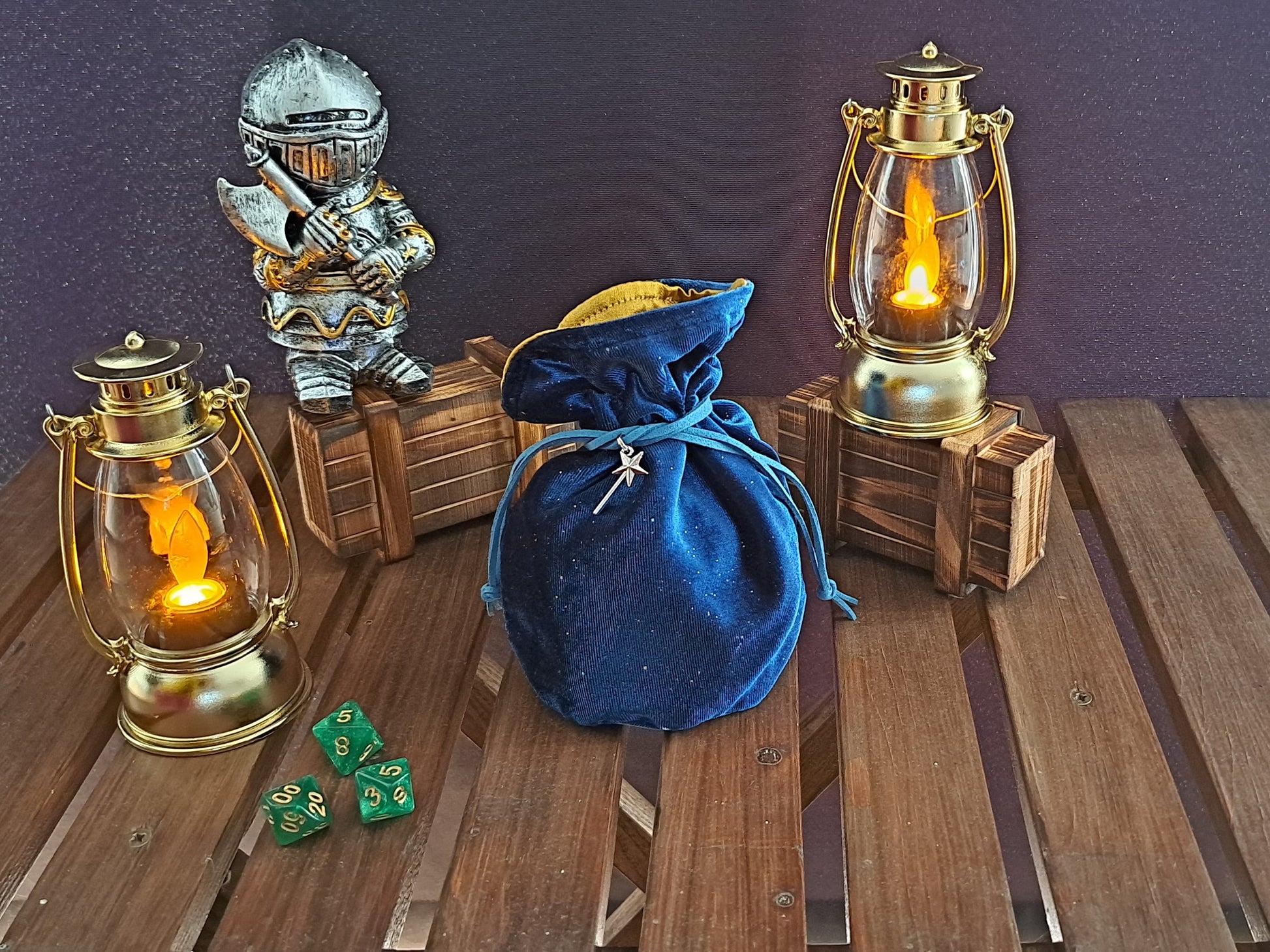 Handmade dice bag made out of sparkly blue fabric