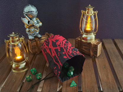 Handmade dice bag out of batic black red pattern 