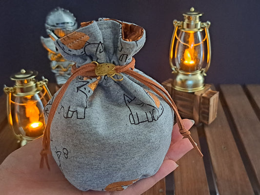 Zoomed in image of Handmade dice bag with fox pattern
