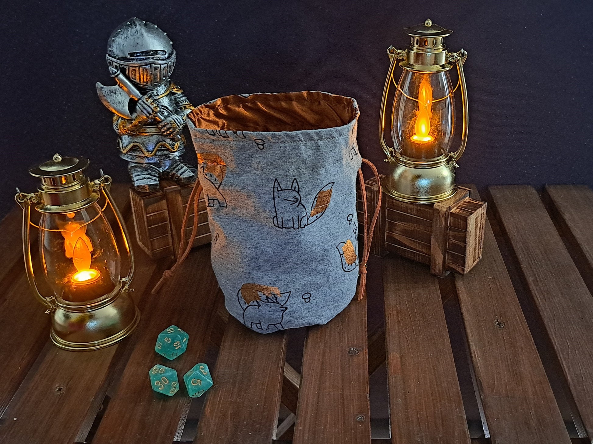 Handmade dice bag with fox pattern