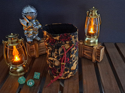 Handmade dice bag with skulls and roses pattern