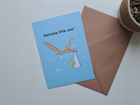 New baby greeting card with Flying dinosaur carrying baby dinosaur