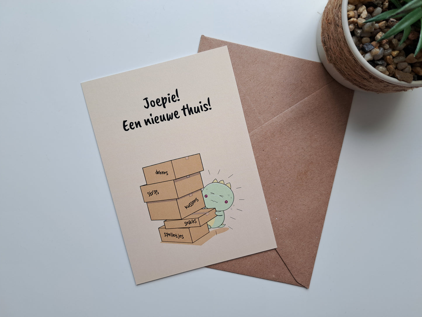 new home greeting card with Dinosaur moving boxes