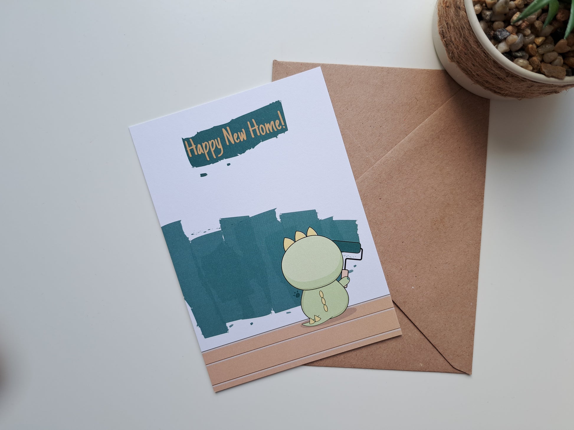 New home greeting card with Dinosaur painting the wall green