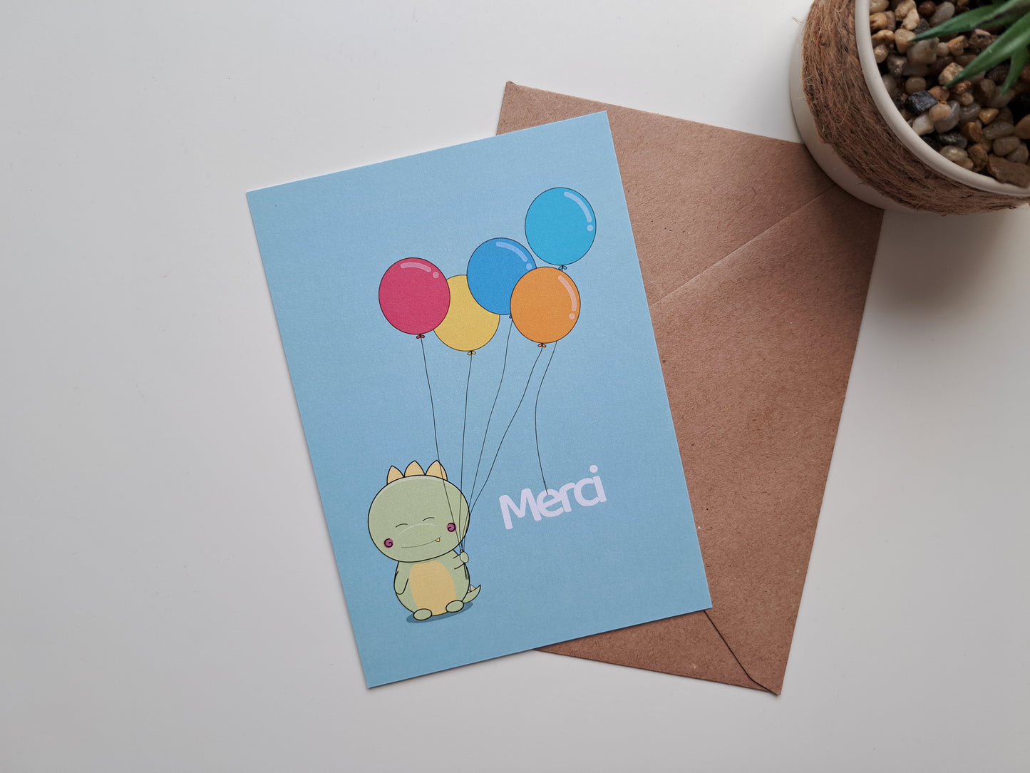 Thank you greeting card with Dinosaur holding balloons