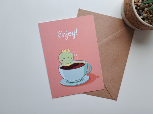 Thinking of you and coffee greeting card with Dinosaur bathing in coffee.