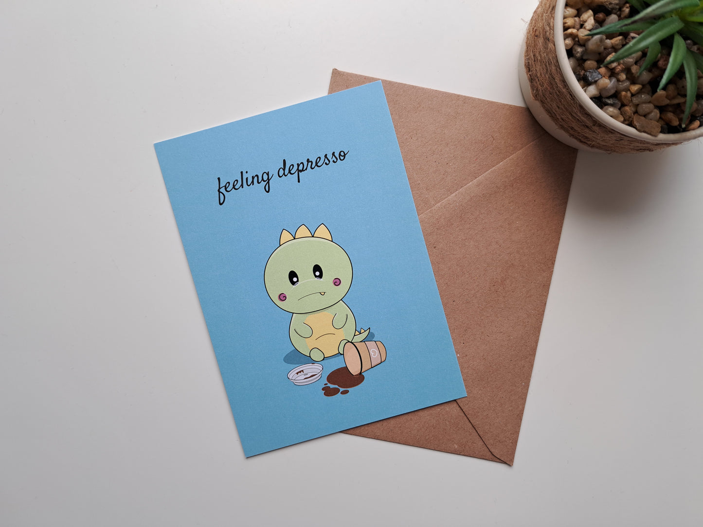 Thinking of you and coffee greeting card with Dinosaur feeling depresso