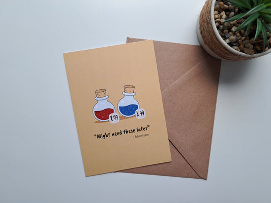Gaming greeting card with stack of potions for potion hoarders