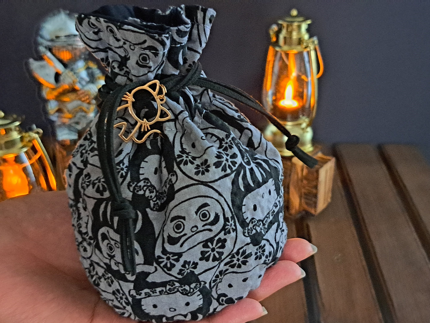 Zoomed in image of Handmade grey Dice Bag with cute cats pattern